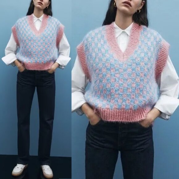 Zara Pink Blue Wool Blend Knit Vest V-neckline Checkerboard S Preppy Classic - Picture 1 of 15